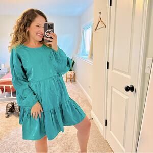 NWT GLAMOROUS Blue Teal Metallic Iridescent Long Sleeve Mini Dress 10